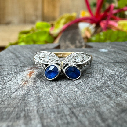 Vintage 18ct yellow gold and platinum natural sapphire and mixed old cut diamond 'berry' ring
