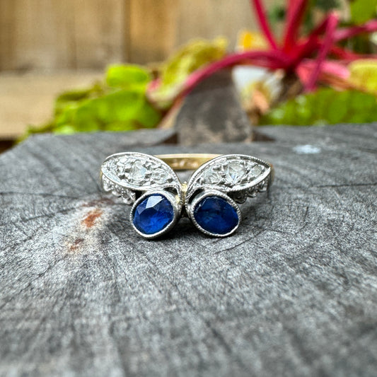 Vintage 18ct yellow gold and platinum natural sapphire and mixed old cut diamond 'berry' ring