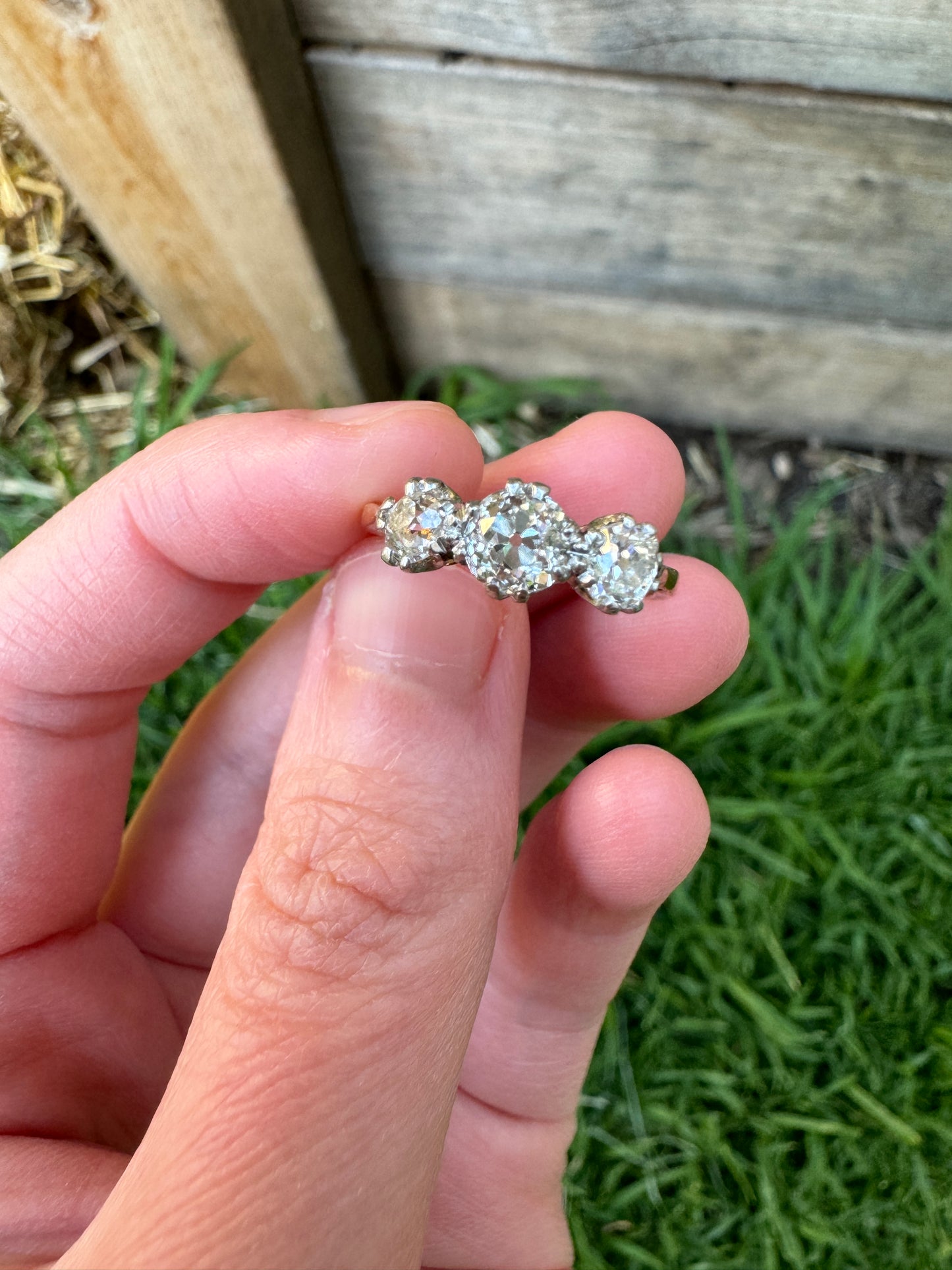 Vintage 18ct yellow gold and platinum 1.2ct TCW three stone old mine cut diamond ring
