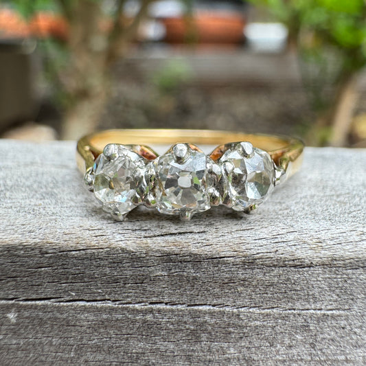 Vintage 18ct yellow gold and platinum three stone 0.75ct TCW old mine cut diamond ring