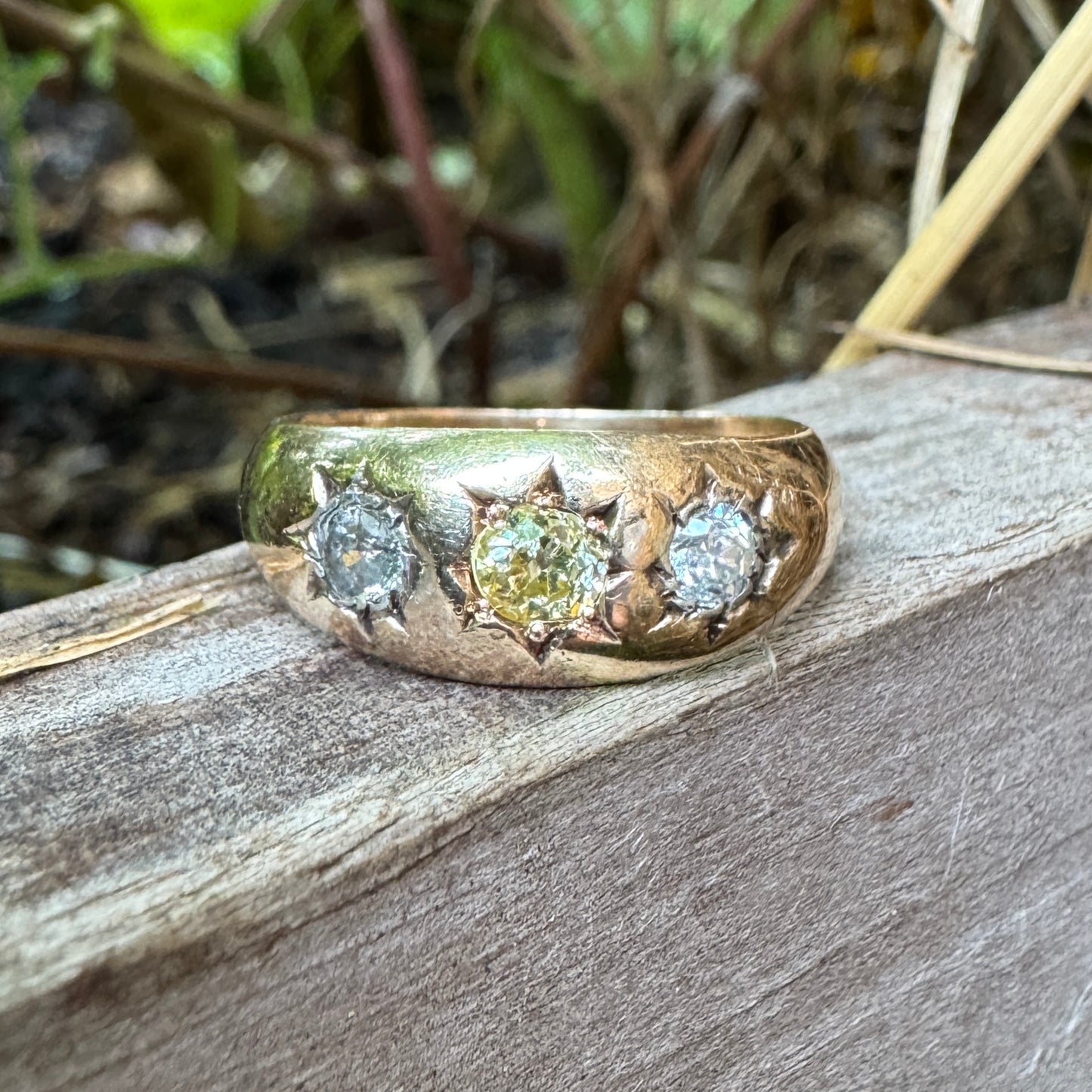 Antique 18ct yellow gold three stone 0.54ct TCW old cut diamond starset gypsy ring with fancy yellow centre
