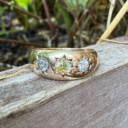 Antique 18ct yellow gold three stone 0.54ct TCW old cut diamond starset gypsy ring with fancy yellow centre