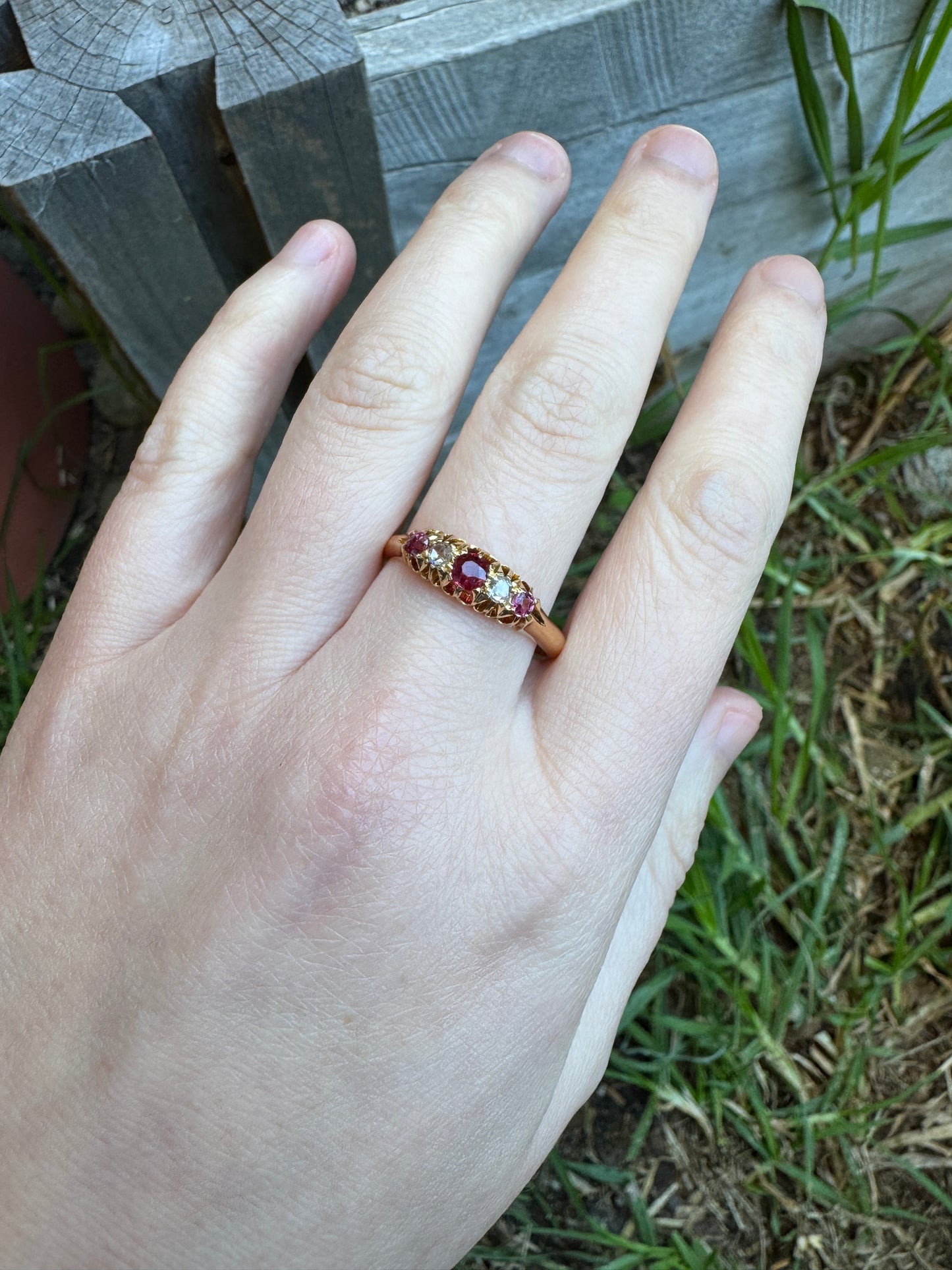 Antique Australian Wendt 18ct yellow gold five stone 0.33ct TCW natural old cut ruby and rose cut diamond ring