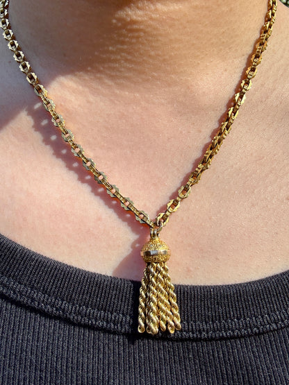 Antique 9ct gold book chain necklace with tassel, 43.5cm / 17.13 inches long