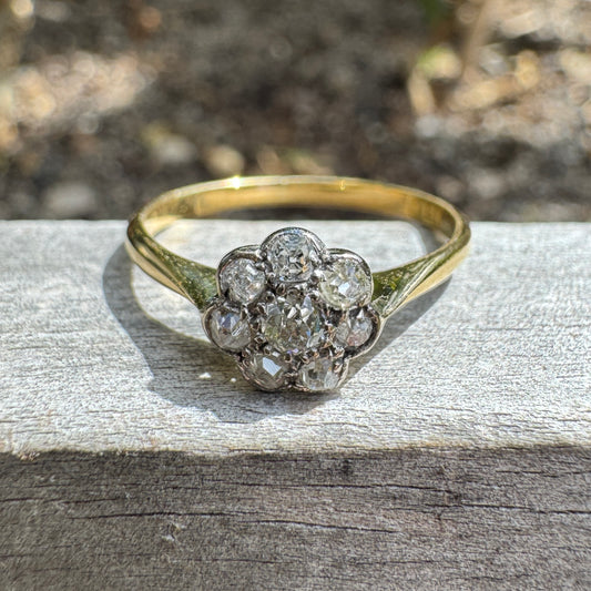 Antique 18ct yellow gold 0.4ct TCW old mine cut and single cut diamond daisy cluster ring