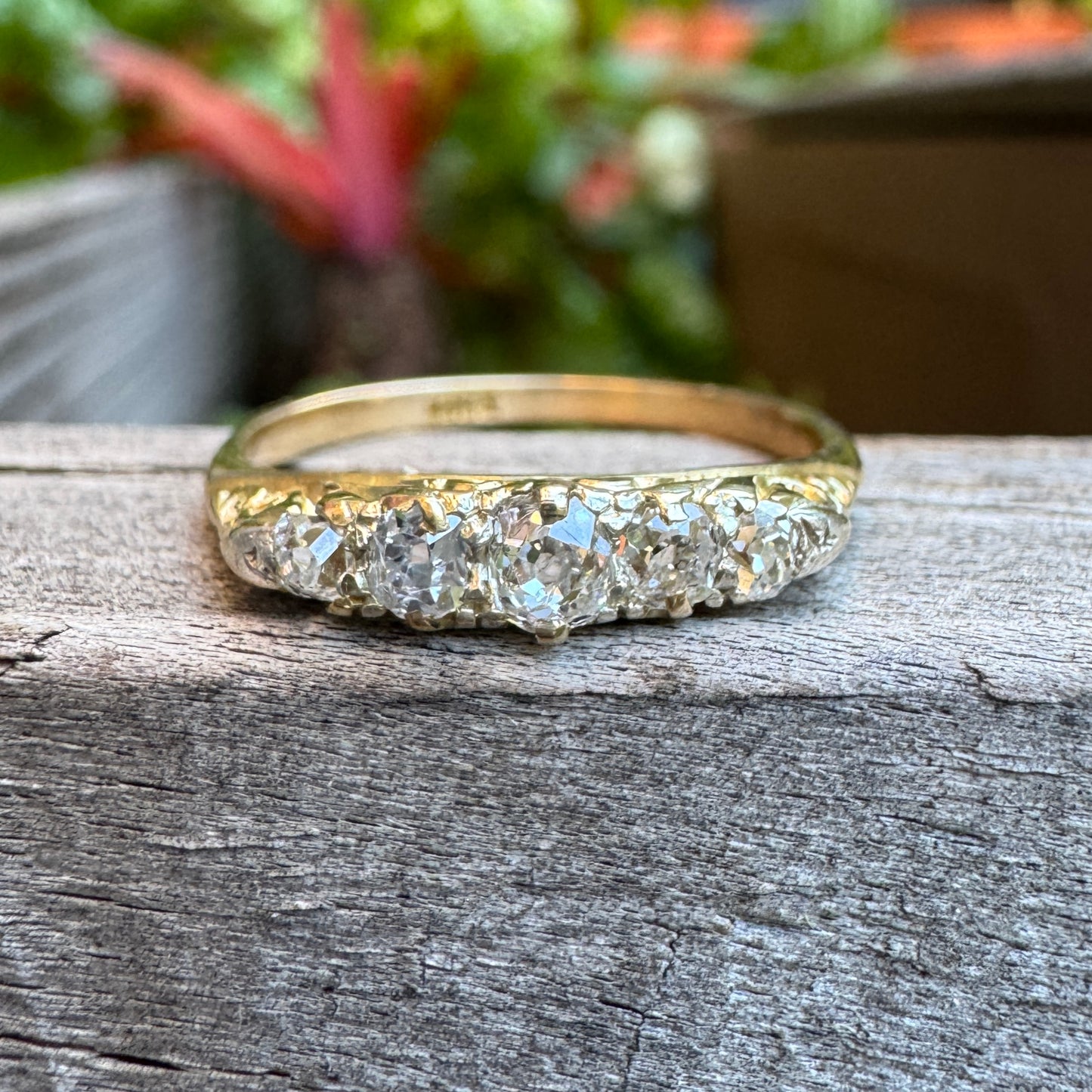 Antique 18ct gold old mine cut diamond five stone ring