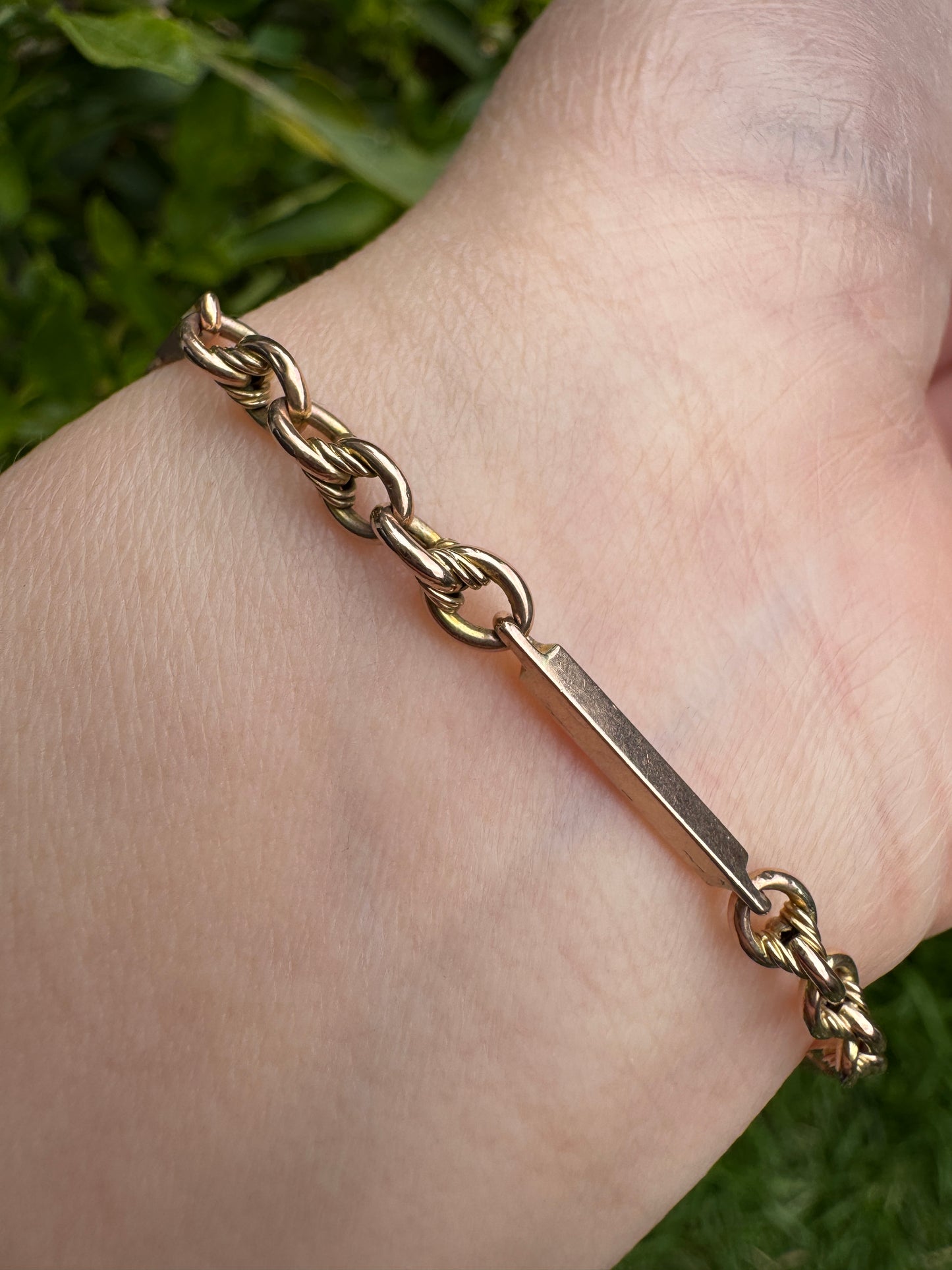 Antique 9ct rosy yellow gold bar and chain bracelet/extender with dog clip