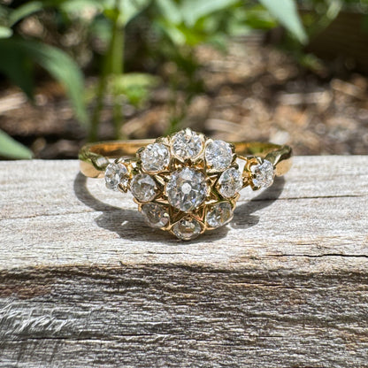 Antique 18ct yellow gold 0.55ct TCW old mine cut diamond starry cluster ring