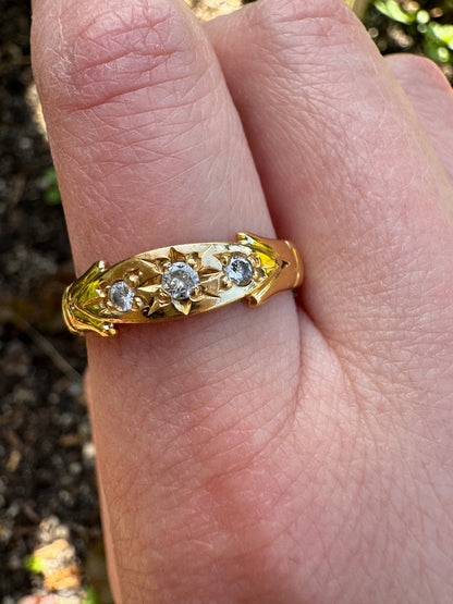 Antique 22ct yellow gold three stone 0.25ct TCW transitional cut diamond starset gypsy ring