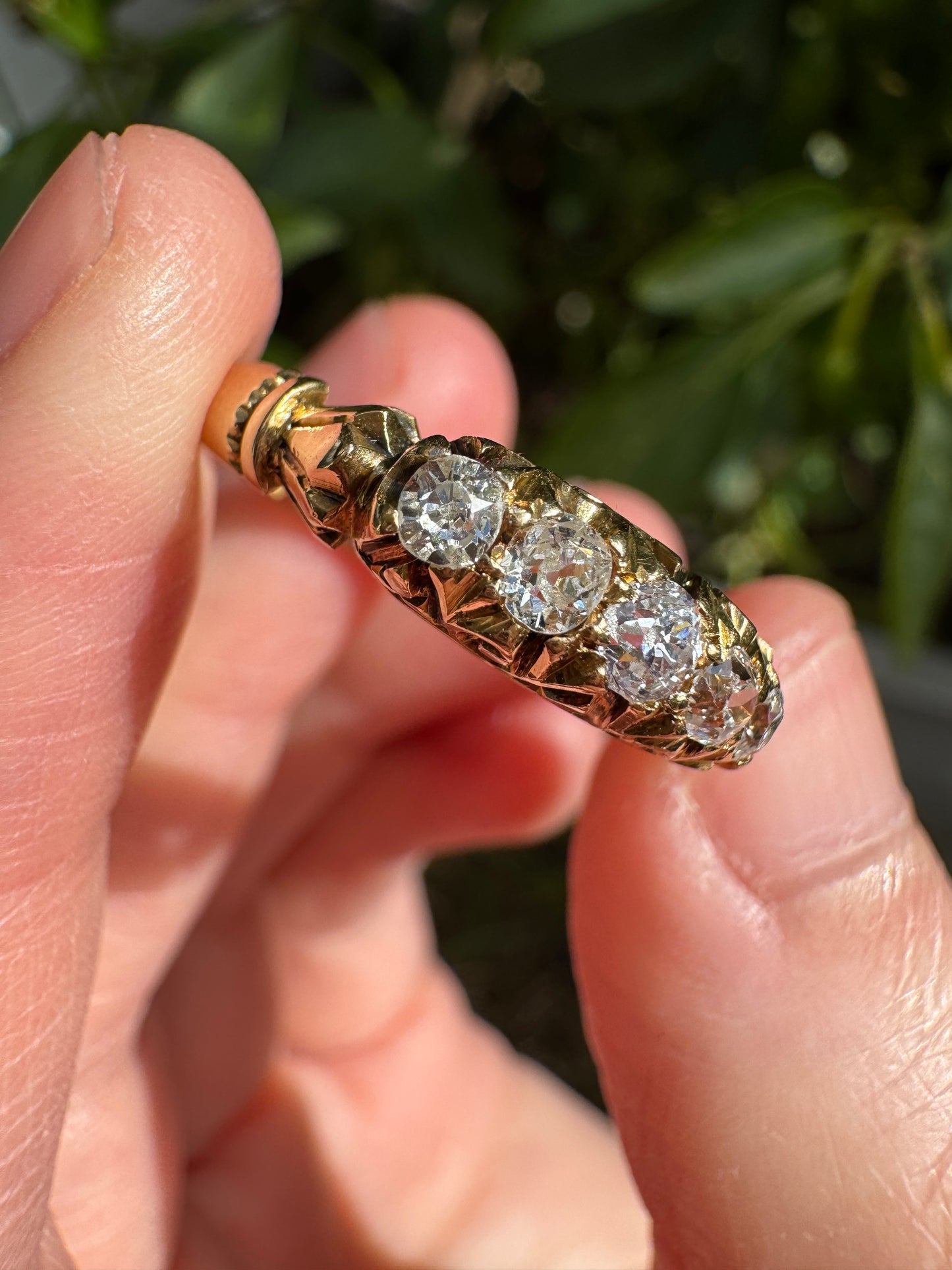 Antique Australian 18ct yellow gold five stone 0.45ct TCW old mine cut diamond ring