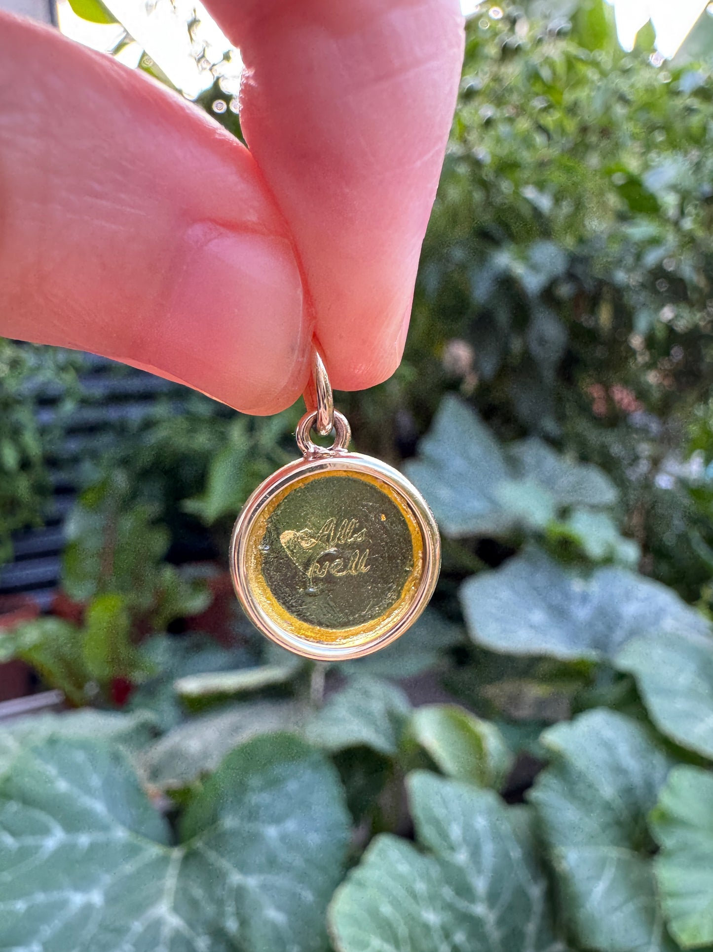 Custom handmade recycled 9ct yellow gold 'All's well' antique paste fob seal bezel set pendant
