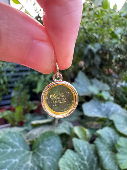 Custom handmade recycled 9ct yellow gold 'All's well' antique paste fob seal bezel set pendant