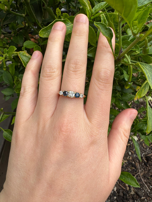 Antique Edwardian English 18ct yellow gold five stone 0.45ct TCW old European cut diamond and 0.42ct TCW sapphire ring