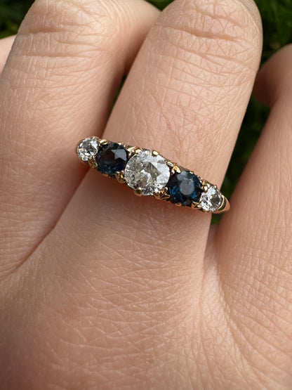 Antique Edwardian English 18ct yellow gold five stone 0.45ct TCW old European cut diamond and 0.42ct TCW sapphire ring
