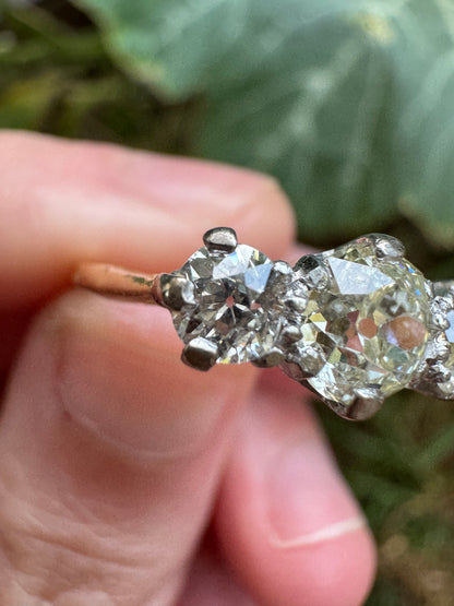 Antique 18ct yellow gold three stone 1.56ct TCW old mine cut diamond ring