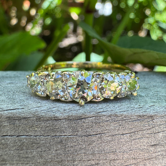 Vintage 18ct yellow gold five stone 1.55ct TCW old mine cut diamond ring