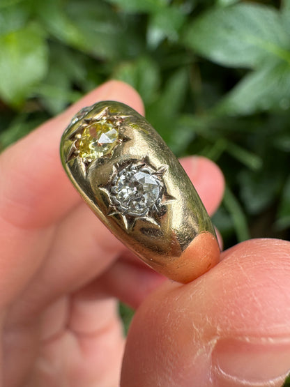 Antique 18ct yellow gold three stone 0.54ct TCW old cut diamond starset gypsy ring with fancy yellow centre