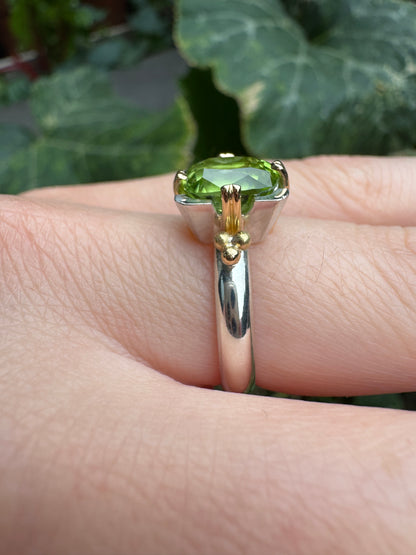 Custom handmade sterling silver and recycled 18ct yellow gold 2.54ct peridot ring