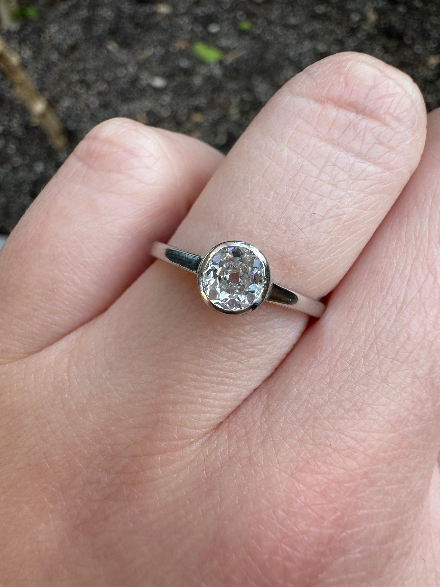 Vintage 18ct white gold 0.57ct old mine cut diamond bezel set solitaire ring