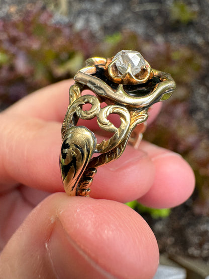 Antique 18ct yellow gold 0.25ct old mine cut diamond and black enamel mourning ring