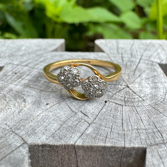 Antique 18ct yellow gold single cut diamond double daisy ring
