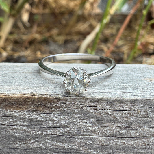 Vintage 9ct white gold 0.57ct old mine cut diamond solitaire ring