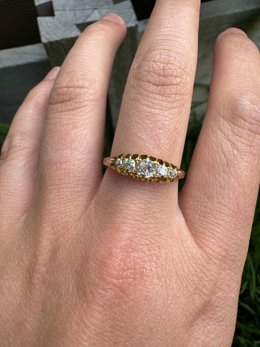 Vintage 18ct yellow gold five stone 0.44ct TCW old mine cut diamond boat ring
