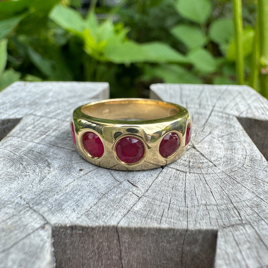 Custom 18ct yellow gold five stone ruby gypsy ring