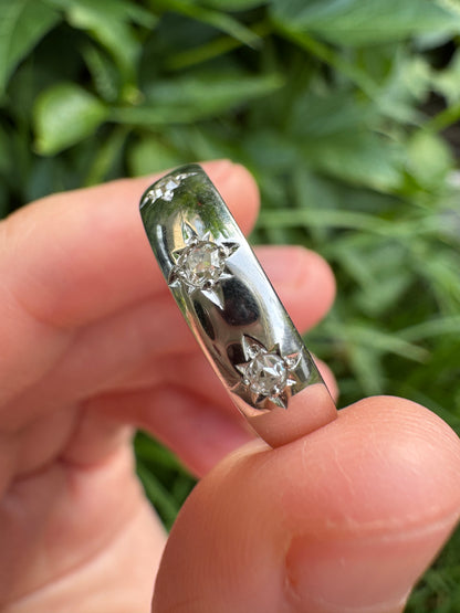 Vintage 18ct white gold four stone 0.15ct TCW old mine cut diamond gypsy ring