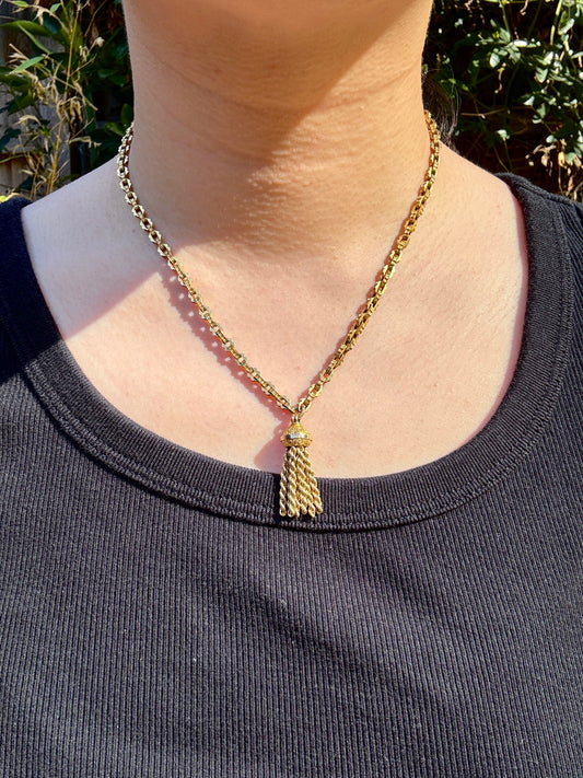 Antique 9ct gold book chain necklace with tassel, 43.5cm / 17.13 inches long