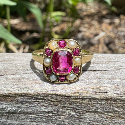 Vintage 14ct yellow gold 1ct TCW natural ruby and seed pearl cluster ring