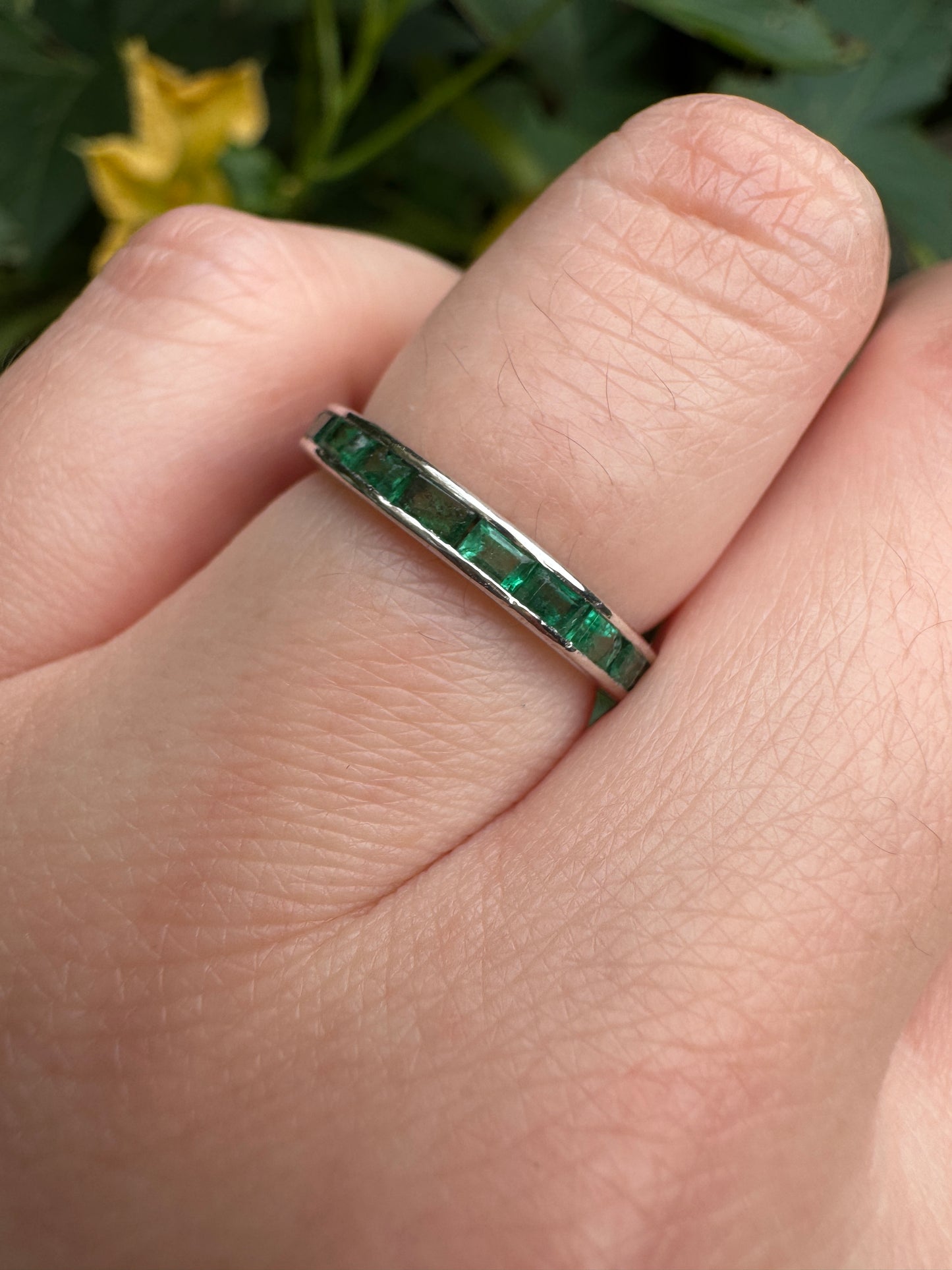 Antique platinum 1.02ct TCW natural emerald engraved eternity ring
