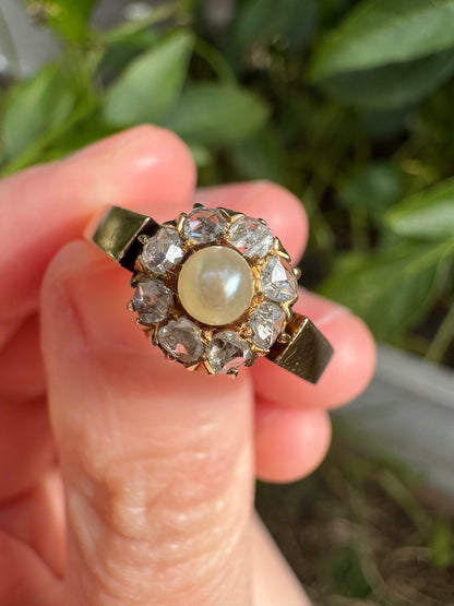 Vintage 18ct rose gold pearl and rose cut diamond daisy ring