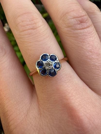 Vintage 18ct yellow gold old cut sapphire and single cut diamond daisy cluster ring