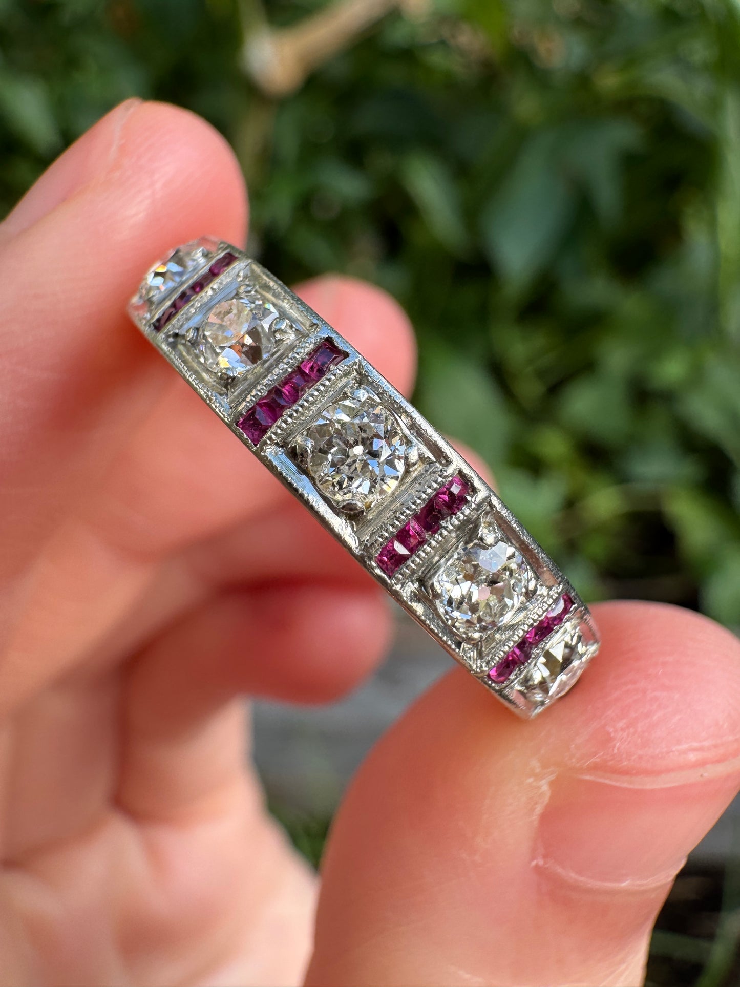 Antique 18ct yellow gold and platinum seven stone 0.73ct old cut diamond ring with 24 accent calibre cut rubies
