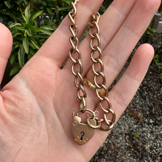 Antique 9ct rosy yellow gold heart padlock bracelet, 18cm / 7.1 inches long