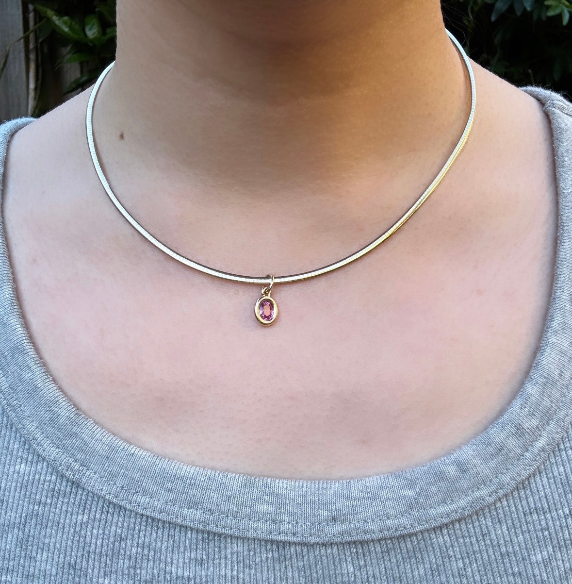 Custom handmade recycled 9ct yellow gold 0.93ct natural pink sapphire bezel set pendant
