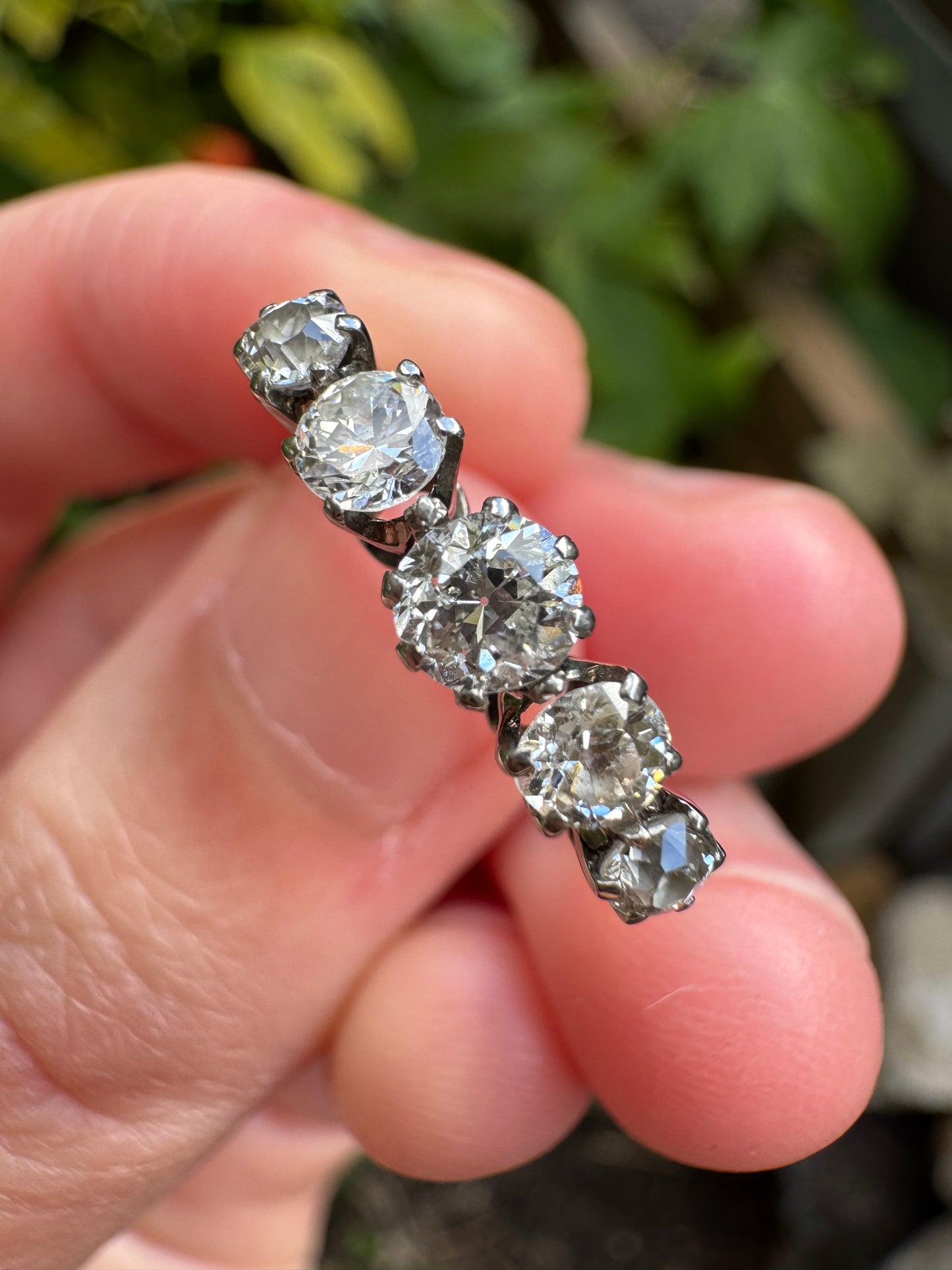Antique English 18ct gold old cut diamond five stone ring