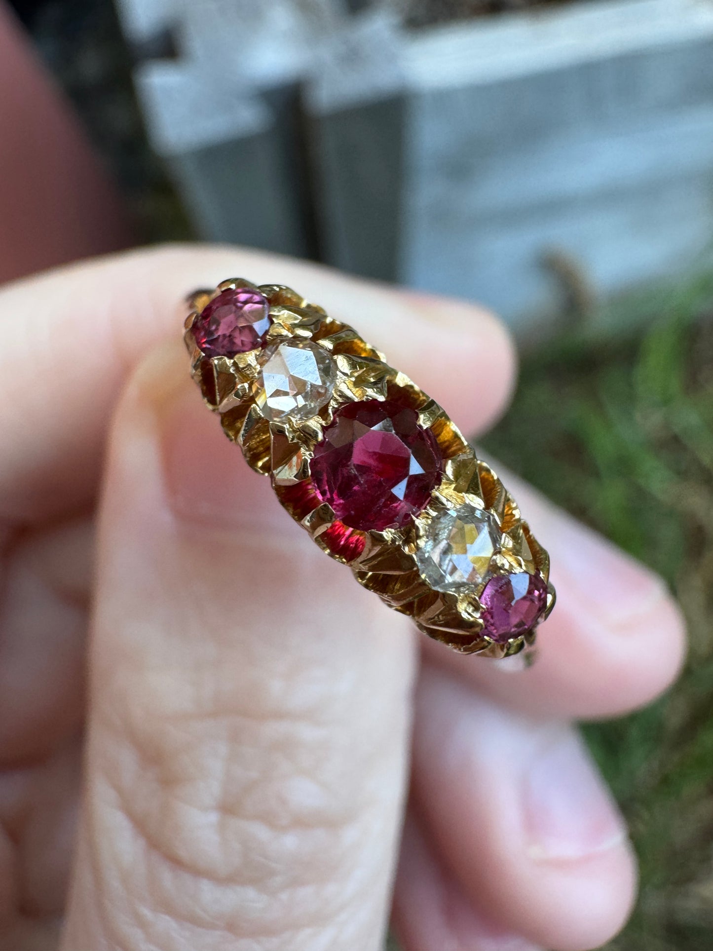 Antique Australian Wendt 18ct yellow gold five stone 0.33ct TCW natural old cut ruby and rose cut diamond ring