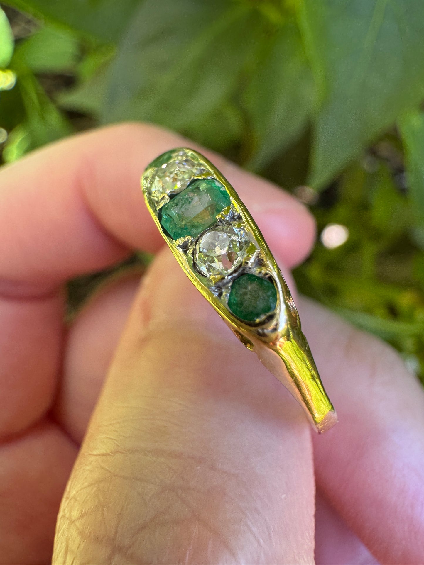 Vintage 18ct yellow gold five stone 0.33ct TCW natural emerald and 0.25ct TCW old mine cut diamond ring