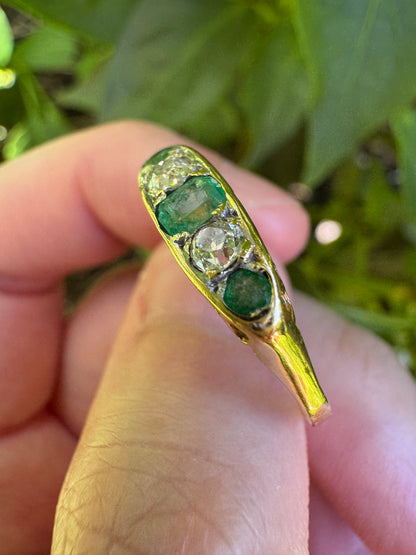 Vintage 18ct yellow gold five stone 0.33ct TCW natural emerald and 0.25ct TCW old mine cut diamond ring