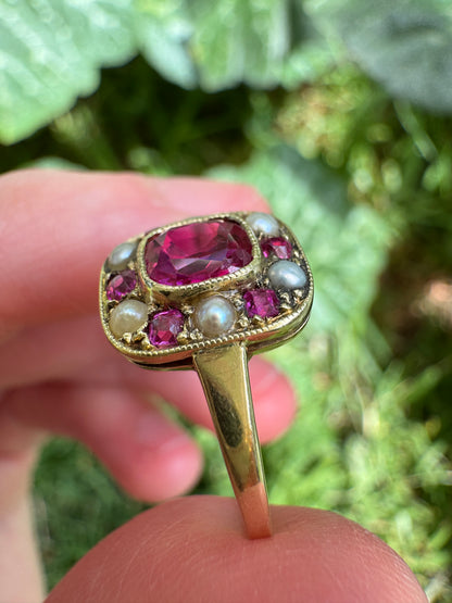 Vintage 14ct yellow gold 1ct TCW natural ruby and seed pearl cluster ring