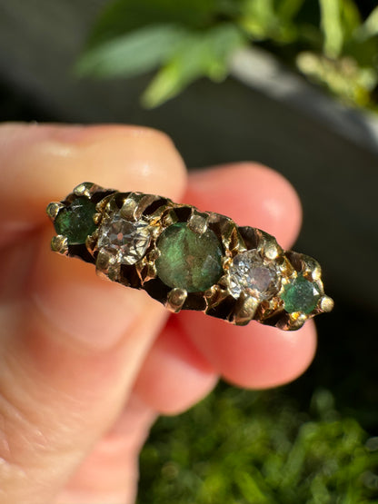 Antique Edwardian 18ct yellow gold five stone emerald and old mine cut diamond half hoop ring