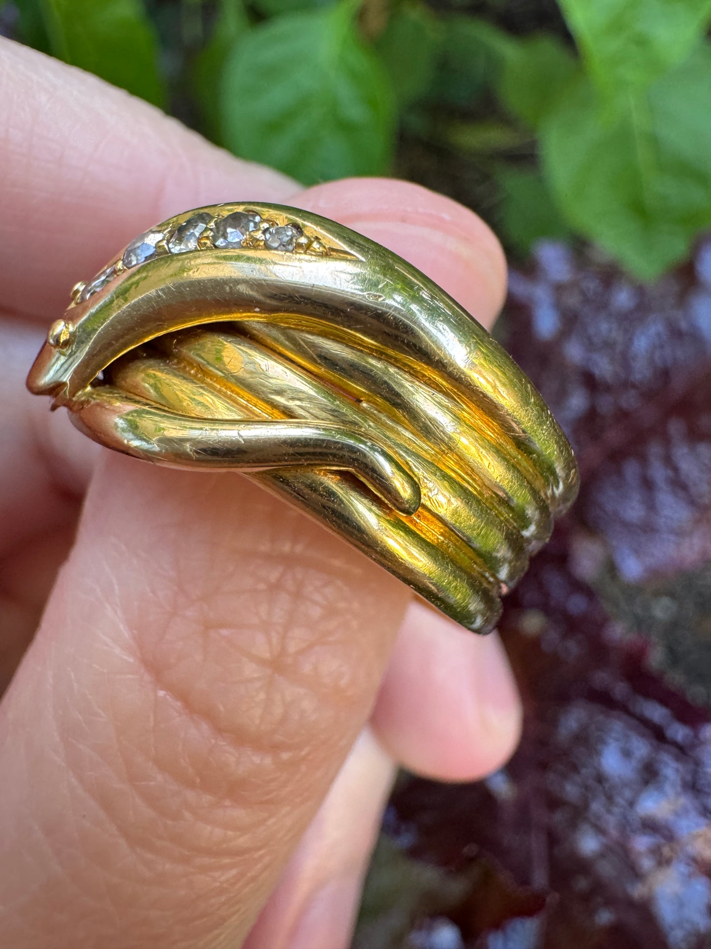 Antique 18ct yellow gold 0.15ct TCW old mine cut and single cut diamond snake ring