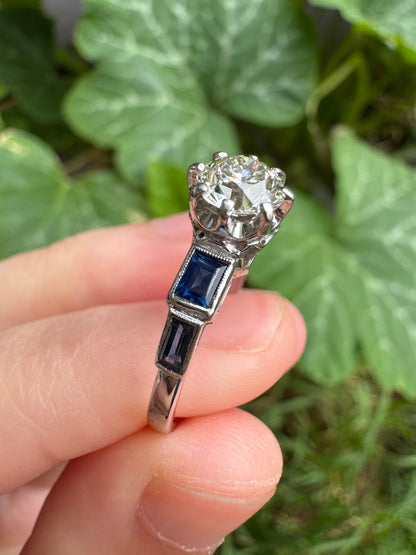 Antique 18ct white gold 0.87ct old European cut diamond and 0.5ct TCW baguette cut natural sapphire ring