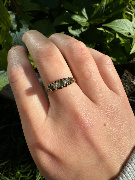 Antique Edwardian 18ct yellow gold five stone emerald and old mine cut diamond half hoop ring