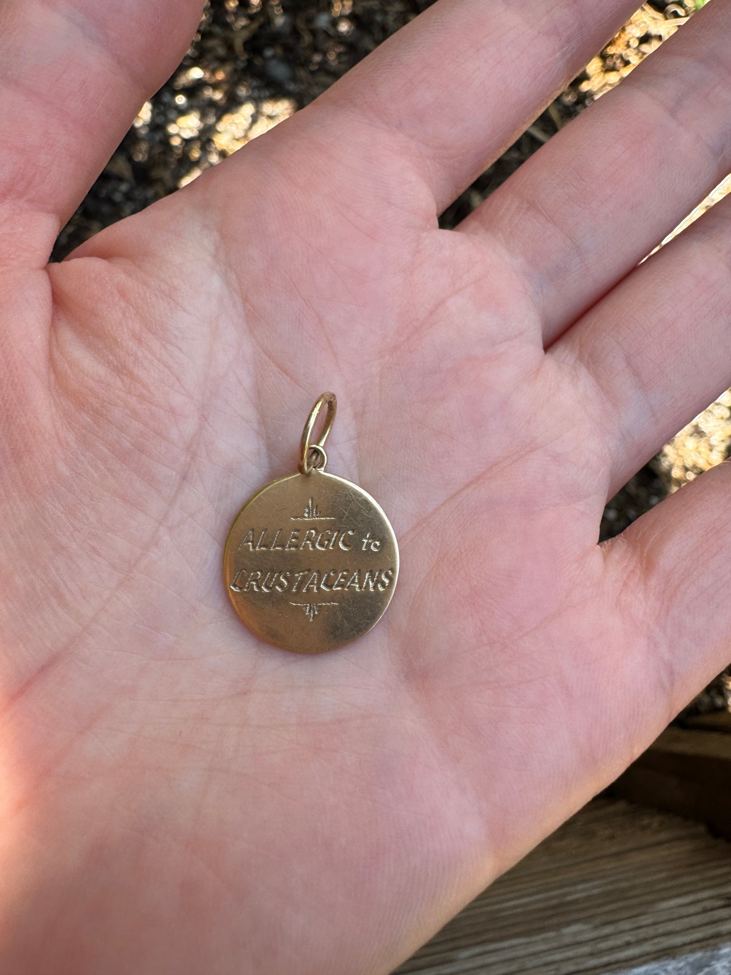 Vintage 9ct yellow gold 'allergic to crustaceans' disc pendant