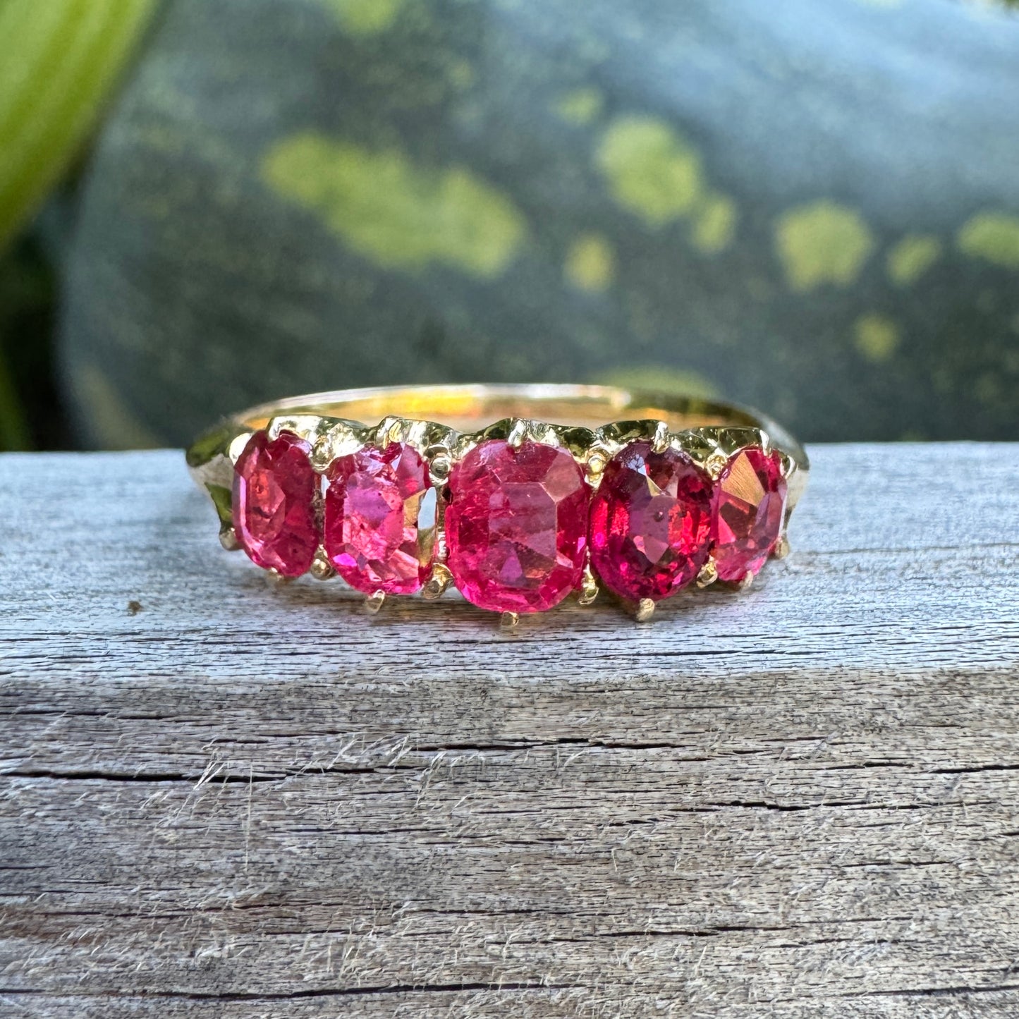 Antique 18ct yellow gold five stone 1.09ct TCW old single cut natural pink 'Jedi' spinel ring