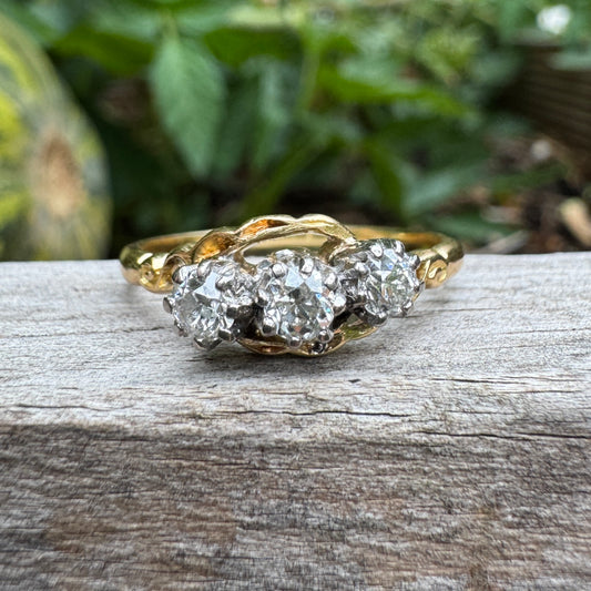 Vintage 18ct yellow gold three stone 0.5ct TCW old European cut diamond crossover ring