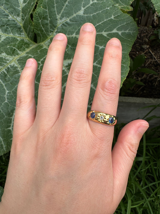 Antique Victorian English 18ct yellow gold 0.73ct TCW old cut natural sapphire and 8pt old mine cut diamond starset gypsy ring